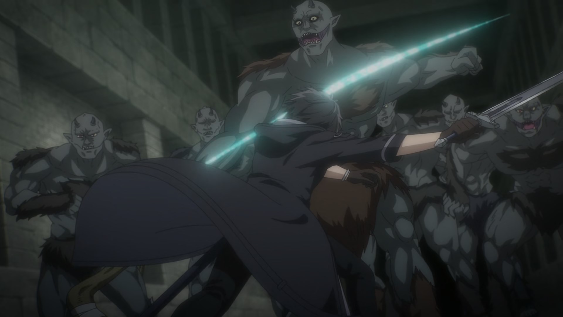 A black haired, black clad swordsman dissects a green orc with his sword as other orcs watch